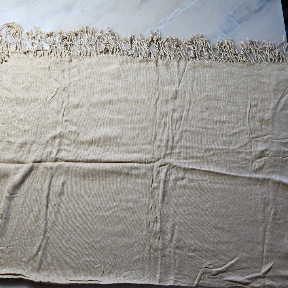 Coldwater‎ Creek Embroidered Fringe Scarf Shawl Wrap Neutral Tan